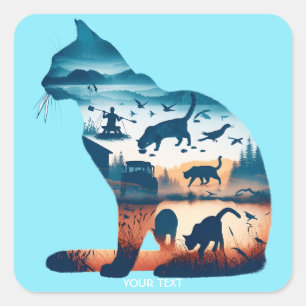 Pegatina Cuadrada Fantasy Cute Cat Life Silhouette
