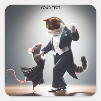 Pegatina Cuadrada Fantasy Cute Cat Mouse Tango