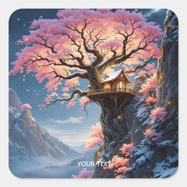 Pegatina Cuadrada Fantasy Cute Cherry Blossom Tree (Anverso)