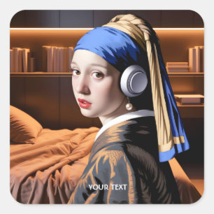 Pegatina Cuadrada Fantasy Cute Chica Auriculares Pearl