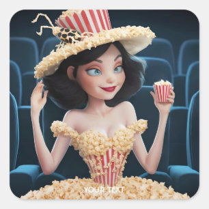 Pegatina Cuadrada Fantasy Cute Chica Cine Popcorn