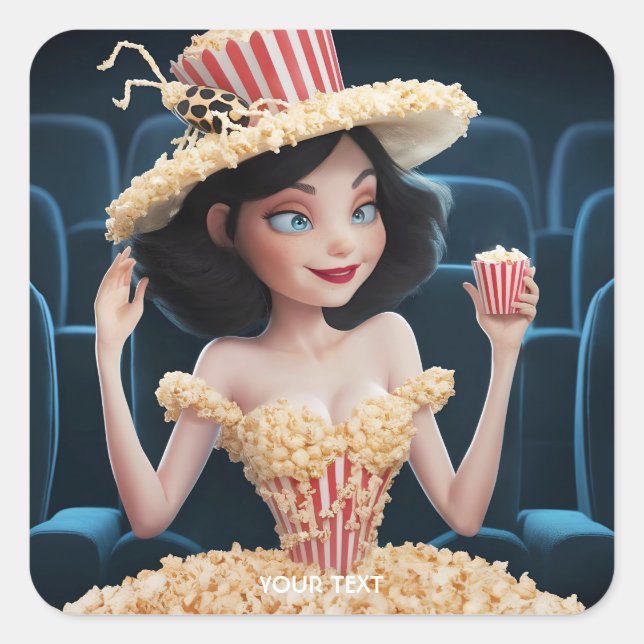 Pegatina Cuadrada Fantasy Cute Chica Cine Popcorn (Anverso)