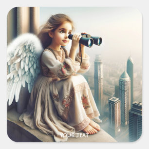 Pegatina Cuadrada Fantasy Cute Chica City Binocular