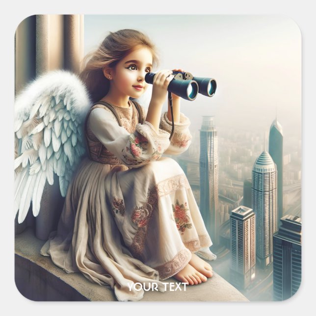 Pegatina Cuadrada Fantasy Cute Chica City Binocular (Anverso)