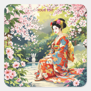 Pegatina Cuadrada Fantasy Cute Chica Kimono Sakura