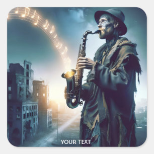 Pegatina Cuadrada Fantasy Cute City Music Man