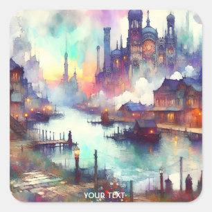 Pegatina Cuadrada Fantasy Cute Clouds Castle River