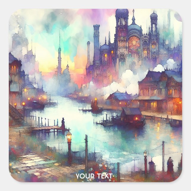 Pegatina Cuadrada Fantasy Cute Clouds Castle River (Anverso)
