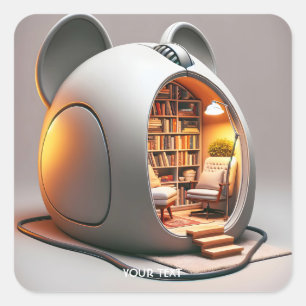 Pegatina Cuadrada Fantasy Cute Computer Mouse House