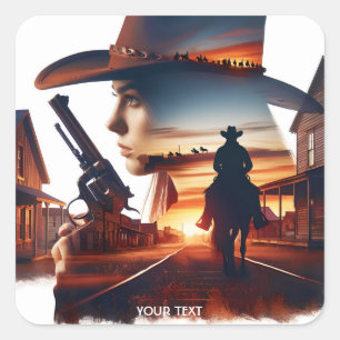Pegatina Cuadrada Fantasy Cute Cowgirl Cowboy Town