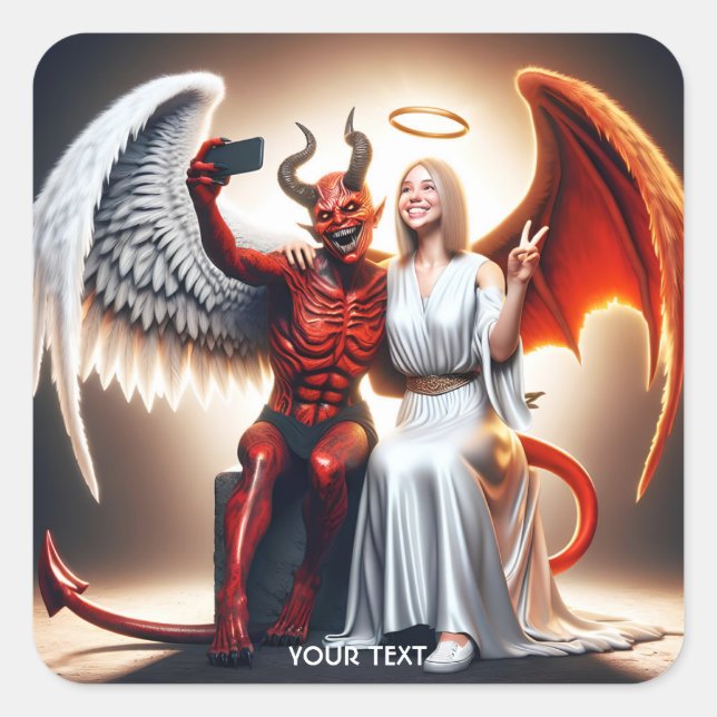 Pegatina Cuadrada Fantasy Cute Demon Angel Selfie (Anverso)