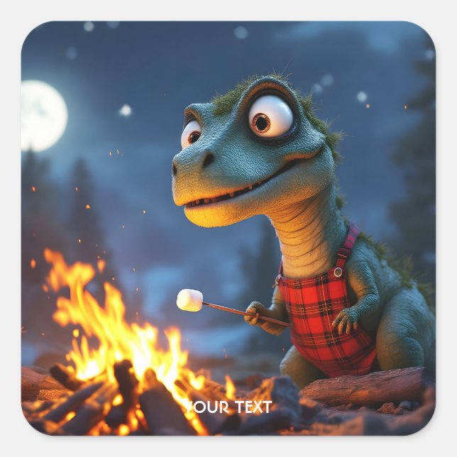 Pegatina Cuadrada Fantasy Cute Dino Campfire Moon (Anverso)