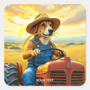 Pegatina Cuadrada Fantasy Cute Dog Tractor Straw