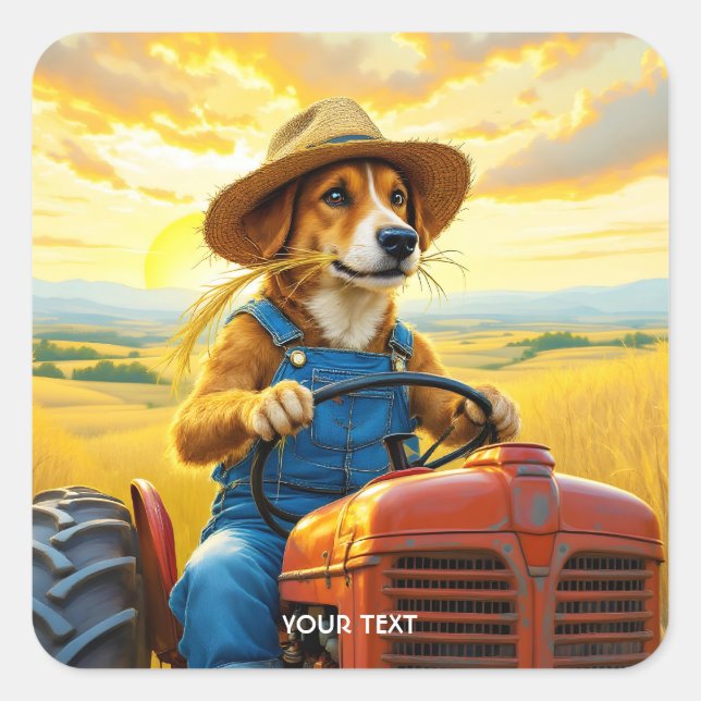 Pegatina Cuadrada Fantasy Cute Dog Tractor Straw (Anverso)