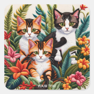 Pegatina Cuadrada Fantasy Cute Embroidery Kittens Flowers