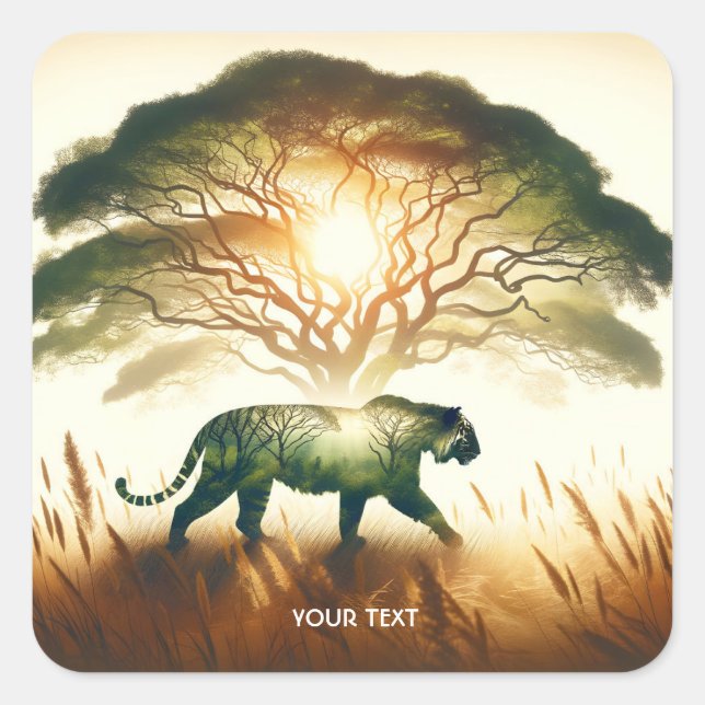Pegatina Cuadrada Fantasy Cute Field Tree Tiger (Anverso)