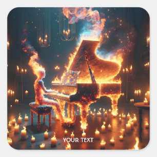 Pegatina Cuadrada Fantasy Cute Fire Piano Chica