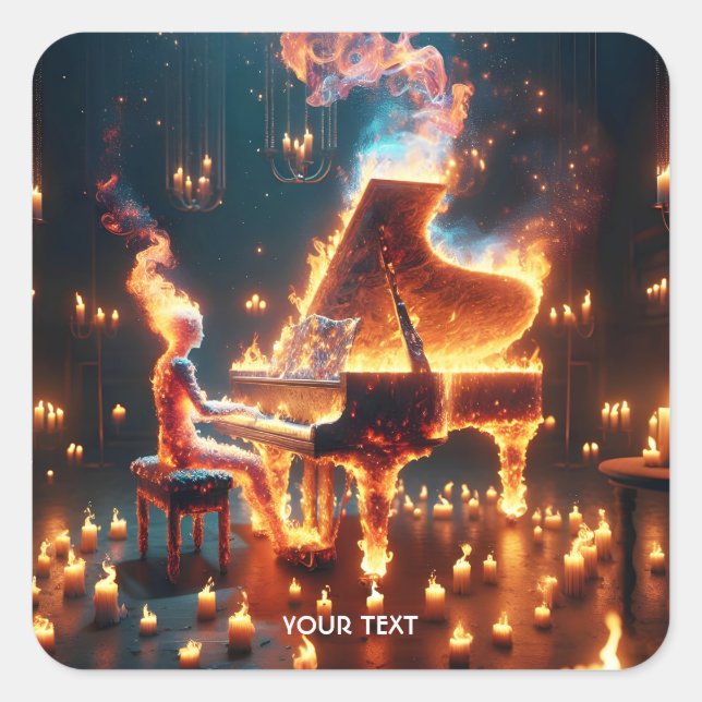 Pegatina Cuadrada Fantasy Cute Fire Piano Chica (Anverso)