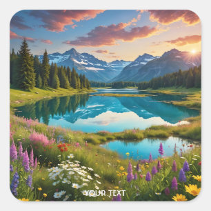 Pegatina Cuadrada Fantasy Cute Flower Meadows Lake