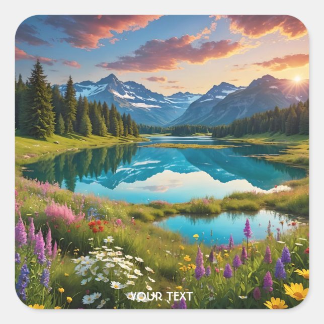 Pegatina Cuadrada Fantasy Cute Flower Meadows Lake (Anverso)