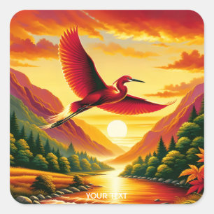 Pegatina Cuadrada Fantasy Cute Flying Red Egret