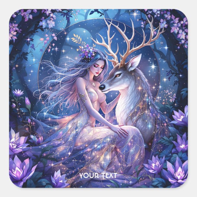 Pegatina Cuadrada Fantasy Cute Forest Deer Chica (Anverso)