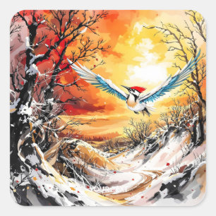 Pegatina Cuadrada Fantasy Cute Forest Woodpecker Sunset
