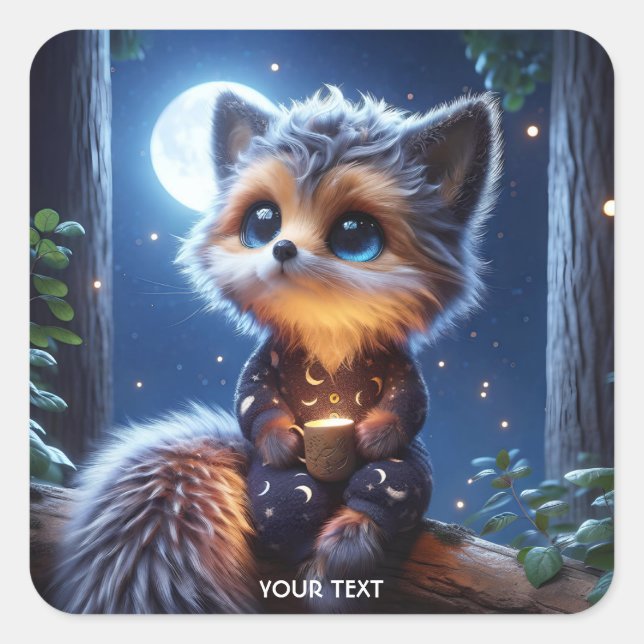Pegatina Cuadrada Fantasy Cute Fox Cub Café (Anverso)