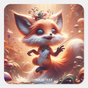 Pegatina Cuadrada Fantasy Cute Fox Flores Mushrooms