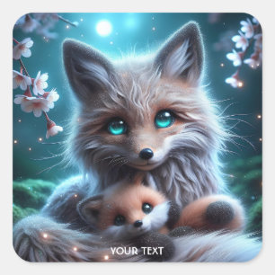 Pegatina Cuadrada Fantasy Cute Fox Holding Plushie