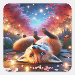 Pegatina Cuadrada Fantasy Cute Fox Laying Sakura