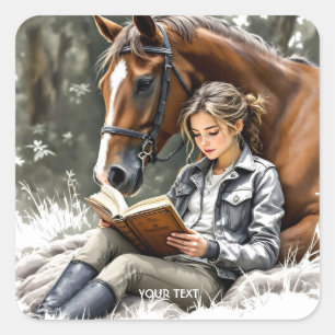 Pegatina Cuadrada Fantasy Cute Garden Horse Chica