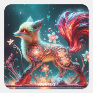 Pegatina Cuadrada Fantasy Cute Glass Fox Red