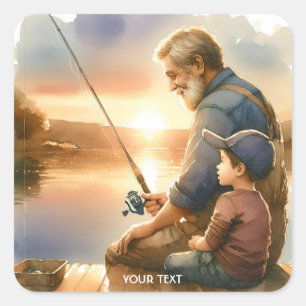 Pegatina Cuadrada Fantasy Cute Grandfather Enseñando Pescado