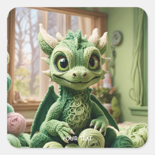 Pegatina Cuadrada Fantasy Cute Green Yarn Dragon