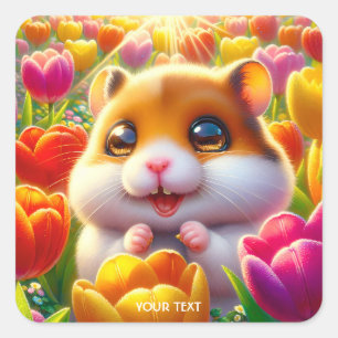 Pegatina Cuadrada Fantasy Cute Happy Hamster Tulips