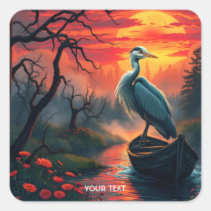 Pegatina Cuadrada Fantasy Cute Heron Evening Lake