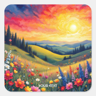 Pegatina Cuadrada Fantasy Cute Hills Flores Sunset