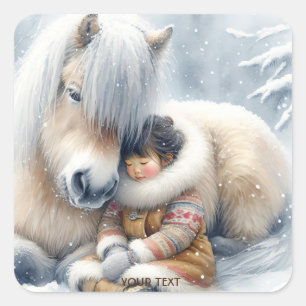 Pegatina Cuadrada Fantasy Cute Horse Chica Winter
