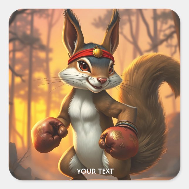 Pegatina Cuadrada Fantasy Cute Kickboxer Bosque de ardilla (Anverso)