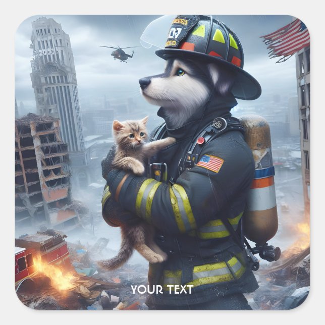 Pegatina Cuadrada Fantasy Cute Kitten Dog Fire (Anverso)
