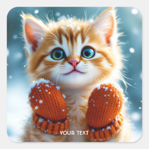 Pegatina Cuadrada Fantasy Cute Kitten Mittens Snow