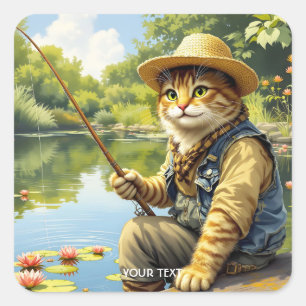 Pegatina Cuadrada Fantasy Cute Lake Cat Pescando