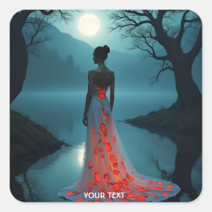 Pegatina Cuadrada Fantasy Cute Lake Trees Moon