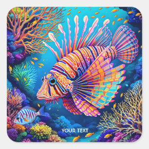 Pegatina Cuadrada Fantasy Cute Lionfish Coral Reef