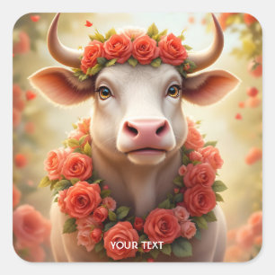 Pegatina Cuadrada Fantasy Cute Lovely Cow Rosas