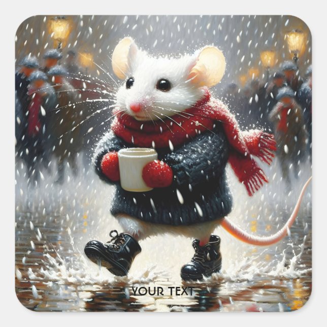 Pegatina Cuadrada Fantasy Cute Mouse Café Abrigo (Anverso)