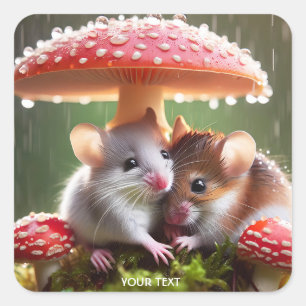 Pegatina Cuadrada Fantasy Cute Mouse Lluvia a los hongos