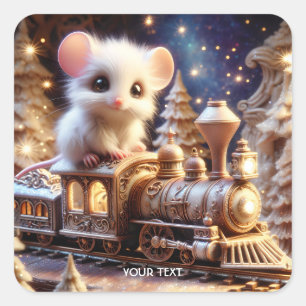 Pegatina Cuadrada Fantasy Cute Mouse Whimsical Train