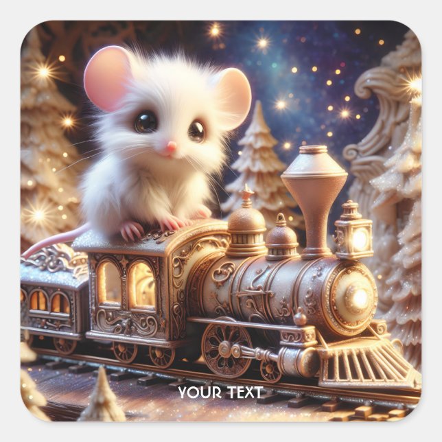 Pegatina Cuadrada Fantasy Cute Mouse Whimsical Train (Anverso)